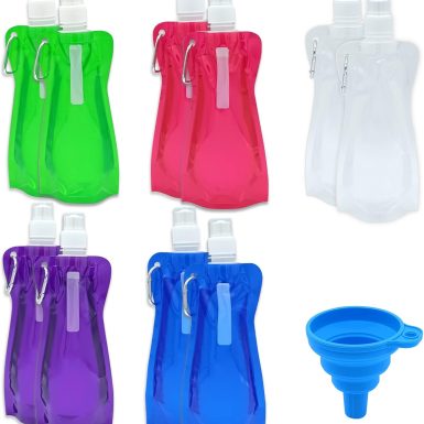 10pcs Collapsible Reusable Water Bottle with Carabiner Clip and folding funnel, for For Gym, Sports, Teams, Hiking, Camping, Biking, Outdoors, Beach, Traveling, Yoga & More, 5 Color